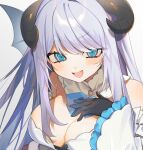  1girl :d aqua_bow aqua_bowtie aqua_eyes bat_wings black_gloves black_horns bow bowtie breasts cleavage collar curled_horns detached_collar dot_nose frilled_collar frilled_sleeves frills gloves grey_hair hair_over_eyes hamita_(rikopin_ika) hand_on_own_chest hand_up highres horns large_breasts long_hair looking_at_viewer open_mouth original portrait simple_background smile solo white_background white_collar wings 