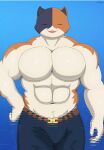 abs anthro big_breasts breasts calico_cat clothed clothing digital_media_(artwork) domestic_cat epic_games felid feline felis fortnite fortnite:_battle_royale hi_res huge_breasts male mammal meowscles moobs muscular muscular_anthro muscular_male nitrozo pecs simple_background smile solo