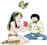  2boys animal_print black_hair denim green_eyes green_hair handheld_game_console horns ipad jeans lum moroboshi_ataru multiple_boys nintendo_3ds open_mouth pants playstation_vita pointy_ears short_hair smile tablet_pc ten_(urusei_yatsura) tiger_print uesuto_(westriver) urusei_yatsura 