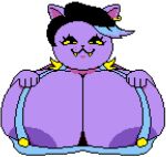 &gt;:3 2024 alpha_channel anthro areola areola_slip big_areola big_breasts black_hair blue_clothing blue_highlights blue_overalls breasts catty_(undertale) clothed clothing digital_media_(artwork) domestic_cat ear_piercing ear_ring eyelashes fangs felid feline felis female fingers fur gold_ear_ring hair highlights_(coloring) huge_breasts hyper hyper_breasts looking_at_viewer low_res mammal mouth_closed narrowed_eyes overalls piercing pixel_(artwork) purple_body purple_ears purple_face purple_fur ring_piercing simple_background smile solo teeth third-party_edit transparent_background undertale_(series) yellow_sclera yellow_teeth yukinikkifurry