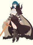  1girl absurdres alternate_costume aqua_hair armor bandaged_chest black_footwear black_skirt breasts brown_cape brown_eyes byleth_(female)_(fire_emblem) byleth_(fire_emblem) cape chest_sarashi closed_mouth collarbone commentary cosplay english_commentary eyelashes fire_emblem fire_emblem:_three_houses full_body fur-trimmed_cape fur_trim graves high_heels highres holding holding_sword holding_weapon large_breasts long_hair long_skirt nemesis_(fire_emblem) nemesis_(fire_emblem)_(cosplay) sarashi shoulder_armor simple_background skirt smile solo spikes standing sword toeless_footwear toes torn_clothes torn_skirt truejekart two-sided_cape two-sided_fabric weapon white_background 