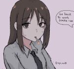  1girl alternate_costume ayu_mu00 azumanga_daioh black_necktie blank_eyes brown_eyes brown_hair cigarette collared_shirt commentary english_commentary english_text grey_background kasuga_ayumu long_hair mouth_hold necktie shirt sidelocks simple_background solo speech_bubble twitter_username upper_body white_shirt 