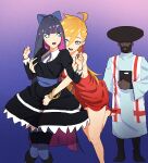  1boy 2girls absurdres antenna_hair bare_legs black_dress black_hair blonde_hair blue_eyes book dark-skinned_male dark_skin dress garterbelt_(psg) grabbing grabbing_another&#039;s_breast highres hug long_hair maid multicolored_hair multiple_girls panty_&amp;_stocking_with_garterbelt panty_(psg) pantyhose purple_hair red_dress standing standing_on_one_leg stocking_(psg) two-tone_hair twofack 