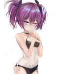  aisha_(elsword) bad_id bad_pixiv_id choker cucurbita elsword looking_at_viewer one-piece_swimsuit purple_eyes purple_hair short_hair solo swimsuit twintails void_princess_(elsword) white_background 