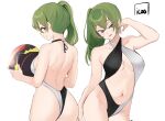  1girl artist_name ass backless_swimsuit ball bare_arms bare_shoulders black_one-piece_swimsuit breasts center_opening closed_mouth criss-cross_halter crossed_bangs english_commentary green_hair grey_one-piece_swimsuit hair_between_eyes halterneck highleg highleg_swimsuit highres holding holding_ball icoo large_breasts long_hair looking_at_viewer looking_back multiple_views navel one-piece_swimsuit open_mouth purple_eyes side_ponytail simple_background smile sousou_no_frieren swimsuit two-tone_swimsuit ubel_(sousou_no_frieren) white_background 