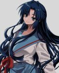  1girl asakura_ryouko blue_eyes blue_hair blue_sailor_collar blue_skirt breasts closed_mouth half_updo highres kita_high_school_uniform long_hair long_sleeves looking_at_viewer oicccmilk parted_bangs red_ribbon ribbon sailor_collar school_uniform serafuku simple_background skirt smile solo suzumiya_haruhi_no_yuuutsu upper_body white_background winter_uniform 