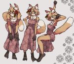 absurd_res accessory anthro black_body black_fur black_nose canid canine canis cheek_tuft claws clothed clothing digital_media_(artwork) dress ear_tuft facial_tuft female flower flower_in_hair fox full-length_portrait fur fur_tuft hair hair_accessory hhonchkrow234 hi_res inner_ear_fluff mammal open_mouth orange_body orange_fur petals plant portrait simple_background solo stretching tail true_fox tuft white_body white_fur yawn