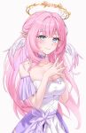  1girl bare_shoulders blue_eyes breasts cleavage closed_mouth dress elf elysia_(honkai_impact) gloves hair_ornament halo head_wings highres honkai_(series) honkai_impact_3rd large_breasts long_hair looking_at_viewer nami_(tznami) pink_hair pointy_ears smile solo very_long_hair white_background wings 