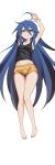  1girl :3 absurdres ahoge armpits arms_up bare_shoulders barefoot black_shirt blue_hair bright_pupils closed_mouth collarbone commission commissioner_upload dakimakura_(medium) dot_nose full_body green_eyes groin hair_between_eyes highres holding_own_arm izumi_konata long_hair looking_at_viewer lucky_star lying midriff_peek navel non-web_source on_back on_bed once_11h shirt short_shorts shorts sidelocks simple_background sleeveless sleeveless_shirt solo straight_hair transparent_background very_long_hair white_pupils yellow_shorts 