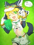  ;d animal_ears animal_hat animated animated_png bangs bare_shoulders belt bike_shorts box bracer breasts colored_eyelashes cowboy_shot crop_top cyberconnect2_(choujigen_game_neptune) detached_sleeves facial_mark fake_animal_ears gloves goggles goggles_on_headwear green_background green_eyes hair_between_eyes hat holding kami_jigen_game_neptune_v lightning_bolt liht098hue looking_at_viewer midriff navel neptune_(series) one_eye_closed open_mouth shorts small_breasts smile solo speech_bubble standing tail tail_wagging tattoo translation_request white_gloves 