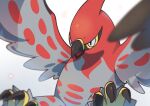  animal_focus beak bird black_eyes gradient_background no_humans omochi_(omotimotittona3) open_mouth pokemon pokemon_(creature) solo spread_wings talonflame talons 