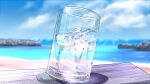  absurdres beach blue_sky cloud cup day drinking_glass highres ice ice_cube nap_on_a_cloud no_humans ocean original outdoors pebble sand sky table water water_drop 