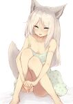  1girl :d animal_ears ass batta_(kanzume_quality) blue_eyes blush breasts dress fox_ears fox_girl fox_tail grey_hair hair_between_eyes hair_ornament highres long_hair looking_at_viewer off_shoulder original sitting small_breasts smile solo strap_slip tail 