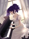  1girl a01macaron absurdres alternate_costume bare_arms blush breasts cleavage collarbone curtains dress highres idolmaster idolmaster_shiny_colors indoors instrument light_smile long_hair medium_breasts music piano playing_instrument puffy_short_sleeves puffy_sleeves purple_eyes purple_hair short_sleeves solo sunlight tanaka_mamimi twintails white_dress 