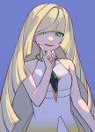  1girl bare_arms blonde_hair blunt_bangs collarbone dress fingernails green_eyes long_hair looking_at_viewer lusamine_(pokemon) numae_kaeru open_mouth pokemon pokemon_sm purple_background short_hair sleeveless sleeveless_dress solo very_long_hair white_dress 