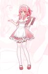  1girl alternate_costume ando_(user_hyza3545) apron blue_archive blush dress enmaided feathers frilled_apron frilled_dress frills full_body hair_between_eyes highres maid maid_headdress medium_hair one_side_up open_mouth pink_dress pink_eyes pink_hair red_footwear serina_(blue_archive) shoes short_sleeves smile solo thighhighs white_apron white_thighhighs zoom_layer 