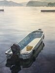  boat bucket eyvzi172xqdkvs7 highres lake motor_vehicle mountain mountainous_horizon no_humans original painting_(medium) reflection reflective_water rope scenery shore traditional_media vehicle_focus water watercolor_(medium) watercraft 