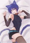  1boy :p absurdres animal_ears black_shirt black_shorts brown_sleeves brown_thighhighs cat_boy cat_ears cat_tail chobonu closed_mouth collar genshin_impact hair_between_eyes highres looking_at_viewer male_focus purple_eyes purple_hair scaramouche_(genshin_impact) shirt short_hair shorts smile solo tail thighhighs tongue tongue_out 