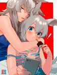  ! 2girls ahoge animal_ears artist_logo bare_shoulders blue_eyes blue_tank_top blush breasts cellphone closed_eyes commentary_request drooling food grey_hair hair_between_eyes highres holding holding_food holding_phone holding_popsicle horse_ears horse_girl horse_tail ice_cream indoors long_hair multicolored_hair multiple_girls oguri_cap_(umamusume) pants phone popsicle rongai_rongai small_breasts smartphone strap_slip streaked_hair striped_tank_top tail tamamo_cross_(umamusume) tank_top umamusume very_long_hair white_pants 