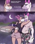  absurd_res anthro bodily_fluids canid canine canis car clothed clothing crying cxeroannuki detailed_background dialogue domestic_dog duo embrace hi_res interspecies kissing lagomorph leporid male male/male mammal military_uniform moon night outside rabbit tears uniform vehicle 