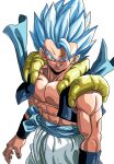  1boy abs black_vest black_wristband blue_hair blue_sash collarbone cowboy_shot dragon_ball dragon_ball_super gogeta highres looking_at_viewer metamoran_vest muscular muscular_male pants pectorals reeya sash serious simple_background spiked_hair super_saiyan super_saiyan_blue vest white_background white_pants yellow_vest 