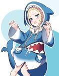  1girl alternate_costume alternate_hairstyle animal_costume animal_hood beatrice_(re:zero) blonde_hair blue_background blue_eyes claw_pose commentary_request cosplay drawstring fake_tail fins fish_bone_print fish_tail gawr_gura gawr_gura_(1st_costume) gawr_gura_(cosplay) hololive hololive_english hood hood_up hoodie long_hair long_sleeves looking_at_viewer open_mouth outline pocket puffy_sleeves re:zero_kara_hajimeru_isekai_seikatsu s_(hdru2332) shark_costume shark_hood shark_tail sharp_teeth solo symbol-shaped_pupils tail teeth white_background white_outline 