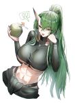  ! !! 1girl :d absurdres arknights black_shirt breasts coconut crop_top drinking_straw green_hair hands_up highres holding horn/wood hoshiguma_(arknights) long_hair looking_at_viewer midriff navel open_mouth ponytail shirt smile solo spoken_exclamation_mark stomach underboob very_long_hair yellow_eyes 