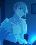  1boy asymmetrical_hair bangs blue_eyes blurry depth_of_field gloves looking_at_viewer male_focus open_clothes open_shirt parted_lips self_exposure silver_hair solo touken_ranbu window yamanbagiri_chougi yukko7474 