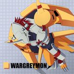  character_name claws digimon digimon_adventure gauntlets greaves green_eyes grid helmet highres horns monster no_humans red_hair s09v165 shoulder_pads solo spikes wargreymon 