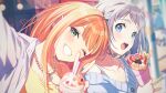  2girls blue_eyes blunt_bangs blush cup disposable_cup food gakuen_idolmaster game_cg green_eyes grey_hair grin highres ice_cream ice_cream_crepe ice_cream_float idolmaster katsuragi_lilja long_hair looking_at_viewer mole mole_under_eye multiple_girls official_art one_eye_closed open_mouth orange_hair selfie shiun_sumika short_hair smile upper_body v 