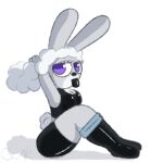  accessory anthro ashely_winters_(guak) big_breasts boots bottomwear breasts clothing eyelashes female fluffy fluffy_hair footwear fur grey_body grey_fur guak hair hair_accessory hair_tie humanoid lagomorph leporid long_ears looking_at_viewer mammal object_in_mouth purple_eyes rabbit shirt shorts simple_background sitting solo tank_top text thick_thighs topwear white_background white_hair 