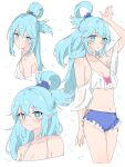  absurdres aqua_(konosuba) arm_up bikini blue_bikini blue_eyes blue_hair bow bright_pupils commentary_request cropped_legs cropped_shoulders hair_ornament hair_rings highres kono_subarashii_sekai_ni_shukufuku_wo! long_hair monmon_(monmon_k18) navel paid_reward_available pink_bow single_hair_ring smile standing swimsuit thighs v-shaped_eyebrows white_bikini white_pupils 