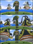  &lt;o&gt;_&lt;o&gt; 3koma bad_id bad_pixiv_id blonde_hair comic grass hat kuruuya link looking_at_viewer looking_back monster ocean pointy_ears sharp_teeth shield sword teeth the_legend_of_zelda the_legend_of_zelda:_the_wind_waker toon_link weapon you_gonna_get_raped 