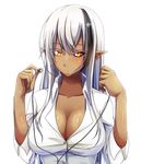  black_hair black_sclera breasts cleavage dark_elf dark_skin dream_demon dress_shirt earbuds earphones earphones_removed elf large_breasts long_hair looking_at_viewer mismatched_sclera multicolored_hair original pointy_ears shirt simple_background solo two-tone_hair white_background white_hair yellow_eyes 