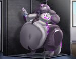  2023 anthro bathing belly big_belly big_moobs biglovealicia canid canine canis detailed_background digitigrade fur hair hi_res huge_belly male mammal mirror moobs morbidly_obese navel nude obese overweight pear-shaped_figure purple_body purple_fur purple_hair shaded signature soft_shading solo thick_thighs wide_hips wolf 