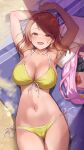  1girl armpits arms_up beach_towel bikini blush breasts brown_eyes brown_hair cleavage collarbone front-tie_bikini_top front-tie_top highres hojo_karen idolmaster idolmaster_cinderella_girls large_breasts long_hair looking_at_viewer lying mk_(mod0) navel on_back open_mouth sand side-tie_bikini_bottom smile solo swimsuit towel yellow_bikini 