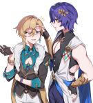  2boys :d adjusting_another&#039;s_eyewear annoyed aventurine_(honkai:_star_rail) bare_shoulders black_gloves blonde_hair blue_hair cleavage_cutout clothing_cutout dr._ratio_(honkai:_star_rail) earrings eyewear_on_head fur_scarf gloves hair_ornament highres honkai:_star_rail honkai_(series) jewelry male_focus multiple_boys muscular muscular_male noritaira open_mouth pectoral_cleavage pectorals purple_eyes side_cutout simple_background sleeveless smile sunglasses white_background 