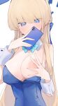  1girl animal_ears blonde_hair blue_archive blue_bow blue_bowtie blue_eyes blue_hair blue_halo blue_leotard bow bowtie braid breasts cellphone detached_collar fake_animal_ears halo highres holding holding_phone large_breasts leotard long_hair mikozin multicolored_hair nipples official_alternate_costume phone rabbit_ears simple_background smartphone solo strapless strapless_leotard streaked_hair toki_(blue_archive) toki_(bunny)_(blue_archive) upper_body white_background wrist_cuffs 