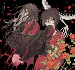  1girl bad_id bad_pixiv_id black_background blood blood_splatter closed_mouth cowboy_shot fetus floral_print flower hand_to_own_mouth hand_up japanese_clothes kimono long_hair long_sleeves maya_(slow_damage) meremero multiple_views petals profile red_flower red_kimono red_rose rose rose_petals short_hair skeletal_arm sleeves_past_fingers sleeves_past_wrists slow_damage smile spine standing wide_sleeves wind yellow_eyes 