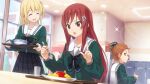  22/7 22/7_ongaku_no_jikan 3girls black_skirt blonde_hair bow bowtie brown_eyes brown_hair closed_mouth collarbone cup drinking_glass dutch_angle flower food fujima_sakura game_cg green_bow green_bowtie green_serafuku hair_bow hair_flower hair_ornament hair_ribbon high_ponytail highres holding holding_spoon holding_tray indoors kono_miyako lens_flare long_hair looking_at_another looking_at_object multiple_girls non-web_source official_art omelet omurice on_chair open_mouth plaid plaid_skirt pleated_skirt pointing pointing_up red_eyes red_hair ribbon sato_reika school_emblem school_uniform serafuku sidelocks sitting skirt sparkle spoon straight_hair sweatdrop teeth tray upper_body upper_teeth_only water white_flower window 