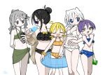  5girls agoshi_sakina ahoge arm_behind_back bikini black_bikini black_hair blonde_hair blue_bikini blue_eyes blush breasts brown_eyes brown_jacket can cellphone closed_eyes closed_mouth expressionless feet_out_of_frame flat_chest food frilled_bikini frills frown green_bikini green_eyes grey_hair hair_bun hair_horns hair_ornament hairclip halterneck hand_up highres holding holding_can holding_food holding_phone holding_popsicle holding_swim_ring jacket jacket_partially_removed kokaki_mumose lanyard long_hair looking_at_another looking_to_the_side low_twintails medium_breasts medium_hair multiple_girls null-meta open_clothes open_jacket open_mouth orange_eyes pale_skin phone ponytail popsicle purple_hair sarong shinohara_kogome short_hair short_twintails sidelocks simple_background single_hair_bun skinny smartphone smile smirk souen_chiaki standing stomach sunglasses sweat swim_ring swimsuit takada_shiyuki twintails uozumi_kurumi white_background white_bikini white_hair 