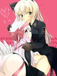  amai_nekuta animal_ears ass blonde_hair blue_bow blush bow bow_panties cat_ears character_name dated fang glasses gloves green_eyes head_wings heidimarie_w_schnaufer heinrike_prinzessin_zu_sayn-wittgenstein holding_head looking_at_viewer military military_uniform multiple_girls no_pants noble_witches open_mouth panties pink_background red_eyes ribbon sweatdrop underwear uniform white_hair white_legwear world_witches_series 
