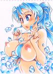  bikini blue_eyes blue_hair blush breasts earrings front-tie_top hair_ribbon ice jewelry kusanagi_tonbo large_breasts long_hair open_mouth original ponytail ribbon solo swimsuit traditional_media 