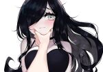  1girl aria_wintermint bare_shoulders black_choker black_hair blush breasts choker grey_eyes hair_over_one_eye highres large_breasts long_hair meme parororo pov_cheek_grabbing_(meme) simple_background solo_focus sweat the_crawling_city upper_body wavy_mouth white_background 