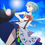  alternate_hair_length alternate_hairstyle blue_hair day dress food fruit hat hat_removed headwear_removed hinanawi_tenshi open_mouth peach red_eyes ribbon short_hair sky sleeveless smile solo sword sword_of_hisou touhou undertime weapon 
