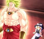  1girl aura blonde_hair blush bracelet broly crossover dragon_ball dragon_ball_z earrings hat jewelry kirisame_marisa komimiyako legendary_super_saiyan muscle necklace open_mouth puffy_sleeves ribbon smile spiked_hair super_saiyan touhou witch_hat yellow_eyes 