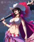  1girl alvida_(one_piece) artist_name bikini bikini_top_only black_hair blue_eyes club_(weapon) commentary commission english_commentary hat hat_feather highres holding holding_weapon instagram_logo instagram_username jewelry lips lipstick long_hair makeup midriff nail_polish navel necklace one_piece pearl_necklace pink_nails red_lips solo spiked_club swimsuit teeth uchiha_jake weapon white_hat 