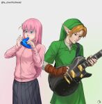  1boy 1girl a_chestnuthead black_skirt blonde_hair blue_eyes bocchi_the_rock! breasts cube_hair_ornament fingerless_gloves gloves gotoh_hitori green_hat guitar hair_between_eyes hair_ornament hat highres holding holding_instrument instrument jacket link long_hair long_sleeves open_mouth pink_hair pink_jacket pointy_ears short_hair skirt the_legend_of_zelda 