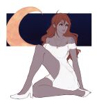  1girl arm_tattoo commentary dr000mi dress high_heels highres jewelry long_hair looking_to_the_side moon nami_(one_piece) necklace night night_sky one_piece orange_hair pink_lips sidelocks sitting sky solo strapless strapless_dress symbol-only_commentary tattoo white_dress 