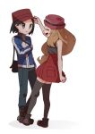  1boy 1girl :d ^_^ bag black_bag black_hair black_shirt black_thighhighs blue_jacket calem_(pokemon) closed_eyes eyewear_on_headwear grey_eyes hand_on_another&#039;s_hat handbag hat high-waist_skirt highres jacket light_brown_hair long_hair low-tied_long_hair miniskirt omochi_(omotimotittona3) pleated_skirt pokemon pokemon_xy red_hat red_skirt serena_(pokemon) shirt skirt sleeveless sleeveless_shirt smile thighhighs turtleneck turtleneck_jacket white-framed_eyewear zettai_ryouiki 